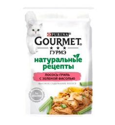 Влажный корм для кошек Гурмэ Натуральные рецепты лосось-гриль, зеленая фасоль 12 шт по 75г