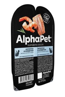 Влажный корм для кошек ALPHAPET SUPERPREMIUM с анчоусами и креветками, 15 шт по 80 г