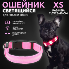 Ошейник светящийся для собак AT светодиодный розового, XS - 2,0х28-40 см