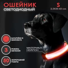 Ошейник светящийся для собак AT светодиодный красного, S - 2,5х35-43 см