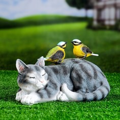 Садовая фигура Кошка лежащая с птичками 17х27х17см Хорошие сувениры