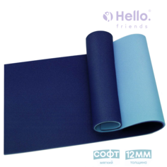 Коврик для фитнеса и йоги HelloFriends SF50 12мм 180x60см,голубой, мягкий, нескользящий