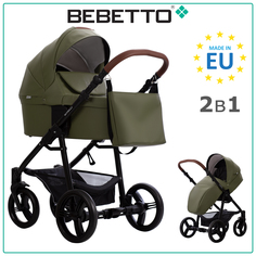 Детская коляска 2 в 1 Bebetto Kitelli PRO 05, экокожа цвета хаки, рама черная