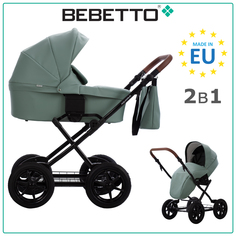 Детская коляска 2 в 1 Bebetto Aquarius PRO 07, серо-мятная экокожа, рама черная