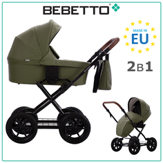 Детская коляска 2 в 1 Bebetto Aquarius PRO 05, экокожа хаки, рама черная
