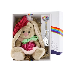 Набор для малышей Аргента Зайка игрушка и ложка серебро 925, 1410НБ05802_малиновый