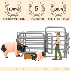 Фигурка Masai Mara 6 предметов, (фермер, 2 свиньи, ограждение-загон, инвентарь)