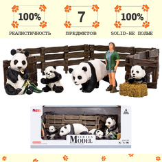 Фигурка Masai Mara 7 предметов, (зоолог, семья панд, ограждение-загон, инвентарь)