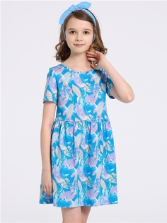 Платье детское Апрель 1ДПК3999001н, отпечатки листьев на голубом, 122