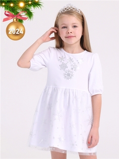 Платье детское Апрель 739дев804Д1Р, белый+снежинки серебряная фольга Снежинки, 104