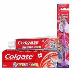 Набор детский Colgate Доктор Заяц Зубная паста Клубника + Зубная щетка 2+ супермягкая