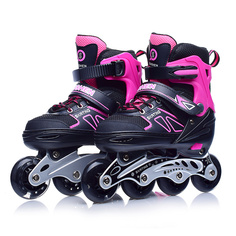 Роликовые коньки OUBAOLOON раздвижные PU колёса со светом размер S, черно-розовые, в сумке