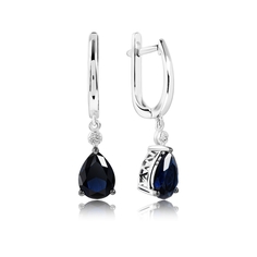 Серьги подвески из белого золота VALTERA 092022, бриллиант/сапфир искусственный