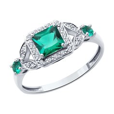 Кольцо из белого золота р. 19 SOKOLOV 71-00297-3, бриллиант\изумруд искусственный