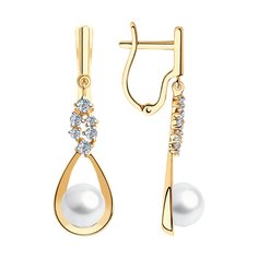 Серьги подвески из желтого золота SOKOLOV 792163, фианит/жемчуг