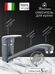 Смеситель для кухни Diadonna D88-449124GY с длинным изливом, картридж 40 мм, серый