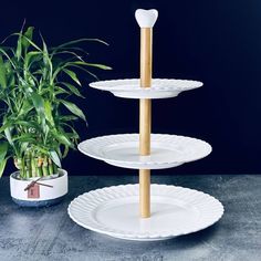 Трехъярусная фруктовница этажерка Lenardi Bamboo 25.5x33см, фарфор, бамбук