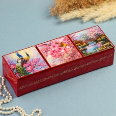 Шкатулка тройная Сакура, розовая, лаковая миниатюра No Brand