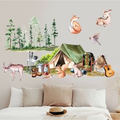 Наклейка пластик интерьерная цветная "Палатка в лесу со зверятами" 30х90 см No Brand