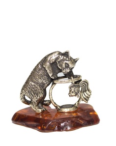 Фигурка Кот с аквариумом из латуни и янтаря 4,5х3х4,5см LY-360079 No Brand
