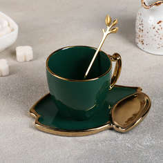 Чайная пара керамическая Ливона, 3 предмета: чашка 200 мл, блюдце d=14 см, ложка, цвет и No Brand