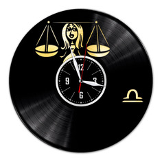 Часы из виниловой пластинки (c) VinylLab Знак зодиака Весы с золотой подложкой