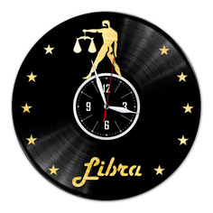 Часы из виниловой пластинки (c) VinylLab Знак зодиака Весы с золотой подложкой