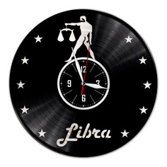 Часы из виниловой пластинки (c) VinylLab Знак зодиака Весы с серебряной подложкой