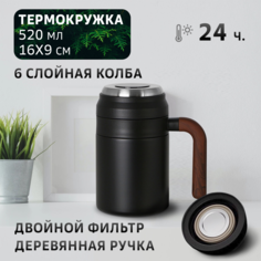 Термокружка ZEHUI для чая и кофе 500 мл черная с деревянной ручкой нержавеющая сталь