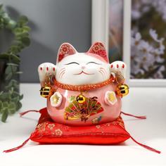 Сувенир керамика копилка "Розовый кот Манэки-нэко с колокольчиками" 11,5х11,5х9,5 см No Brand