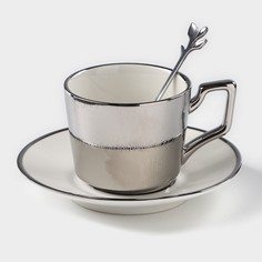 Кофейная пара Серебро 3 предмета: чашка 200 мл, блюдце d=14 см, ложка серебряный No Brand