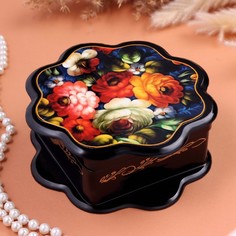 Шкатулка Жостово пионы, 9938687, черная, 16 х 16 см, лаковая миниатюра No Brand