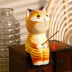 Сувенир дерево "Котёнок рыбак" жёлтый 9х9х20 см No Brand