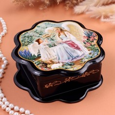 Шкатулка "Ангелы с венком", черная, 16 х 16 см, лаковая миниатюра No Brand