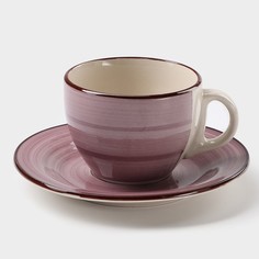 Чайная пара керамическая Доляна «Морской мир», чашка 200 мл, блюдце d=14,5 см, бордовый