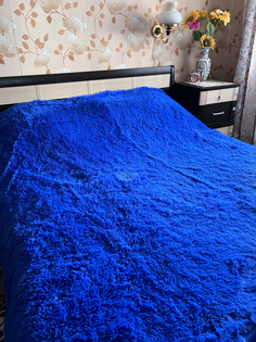 Плед пушистый SuhomTex на кровать, на диван Евро 220х240 травка мех / синий