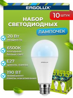 Набор из 10 светодиодных лампочек Ergolux LED 20W 6500K E27 10-13184