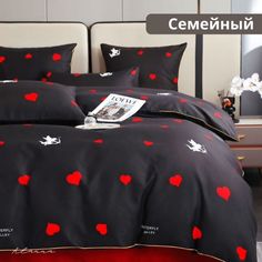 Постельное Белье Alanna семейный сатин с 2 пододеяльниками черный,красный