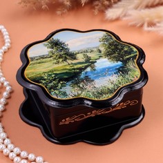 Шкатулка Ручей, 9938670, черная, 16 х 16 см, лаковая миниатюра No Brand