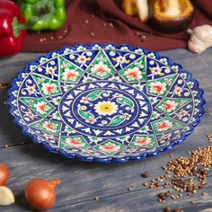 Тарелка Риштанская Керамика "Цветы", синяя, рильефная, 25 см Shafran