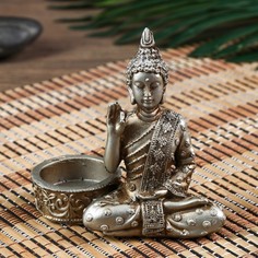 Нэцке полистоун под серебро подсвечник "Будда - медитация" МИКС 10,5х5,3х11 см No Brand