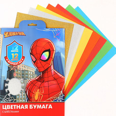 Набор цветной бумаги с блестками а4, 12 листов, 12 цветов, 80г/м2, человек-паук Marvel
