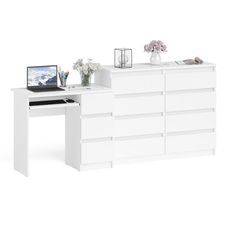 Комод СВК Мори МК1200 8-мь ящиков со столом МС-6Пр белый, 210х50х94 см