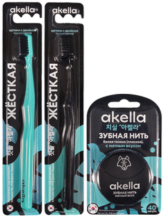 Зубная щетка Akella жесткая для взрослых 3 шт, зубная нить 40 м Акелла
