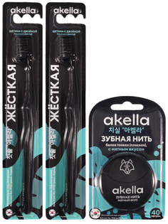 Зубная щетка Akella жесткая для взрослых 2 шт, зубная нить 40 м