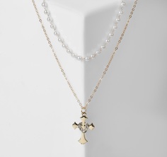 Кулон "Цепь" нить из жемчуга, крест с сердцем, цвет белый в золоте, 35 см Queen Fair