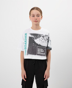 Футболка свободной формы со спущенным плечом и асимметричным декором белая Gulliver (134)