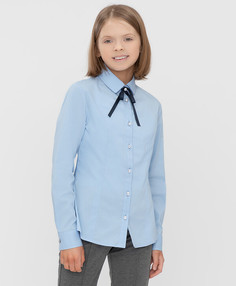 Блузка классическая со съемным бантом голубая Button Blue (122)