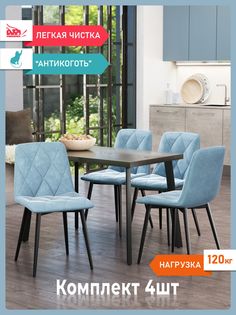 Комплект стульев для кухни DecoLine Ричи 4шт., велюр антикоготь, голубой