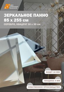 Зеркальная плитка ДСТ, панно на стену 85х255 см, квадрат 30х30 см, серебро Дом Стекольных Технологий